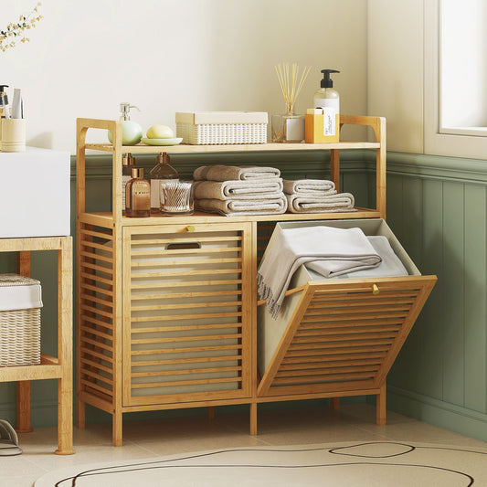 HOMCOM Double Tilt Out Bamboo Laundry Cabinet, Freestanding Bathroom Cabinet with 2 Removable Baskets, Natural