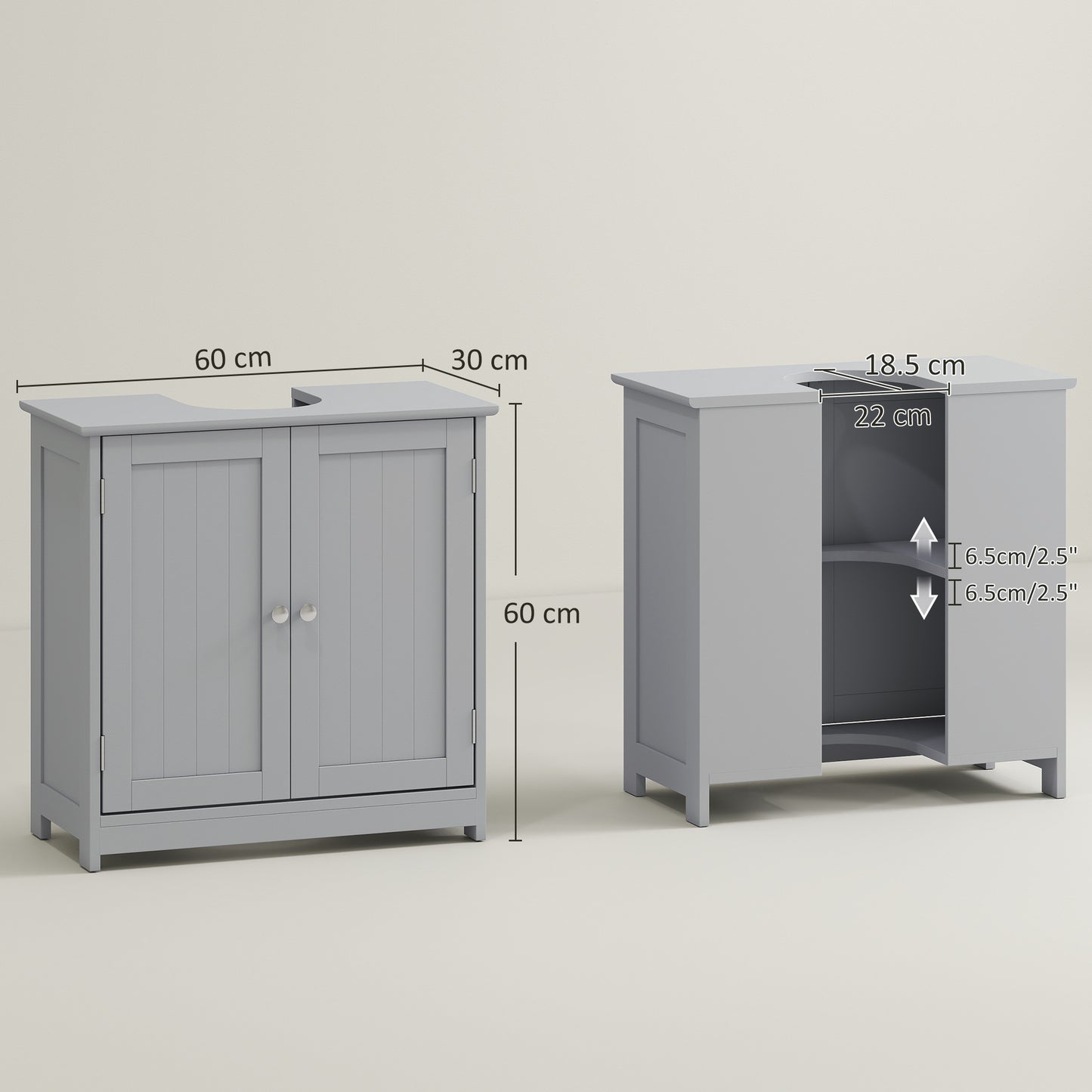 kleankin 60x60cm Under-Sink Storage Cabinet w/ Adjustable Shelf Handles Drain Hole Bathroom Cabinet Space Saver Organizer Grey