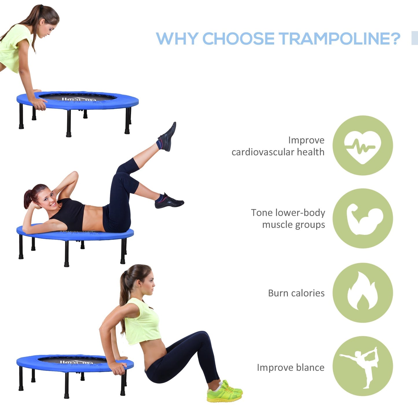 HOMCOM a91 Mini Fitness Trampoline Home Gym Yoga Exercise Rebounder Indoor Outdoor Jumper with Safety Pad, Support Up to 100 KG, Blue and Black