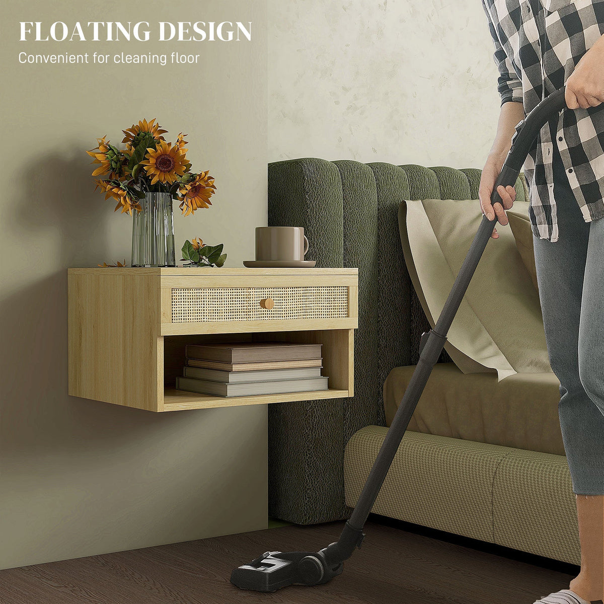 HOMCOM طقم طاولتي سرير عائمتين من ألواح الروطان - بتأثير الخشب