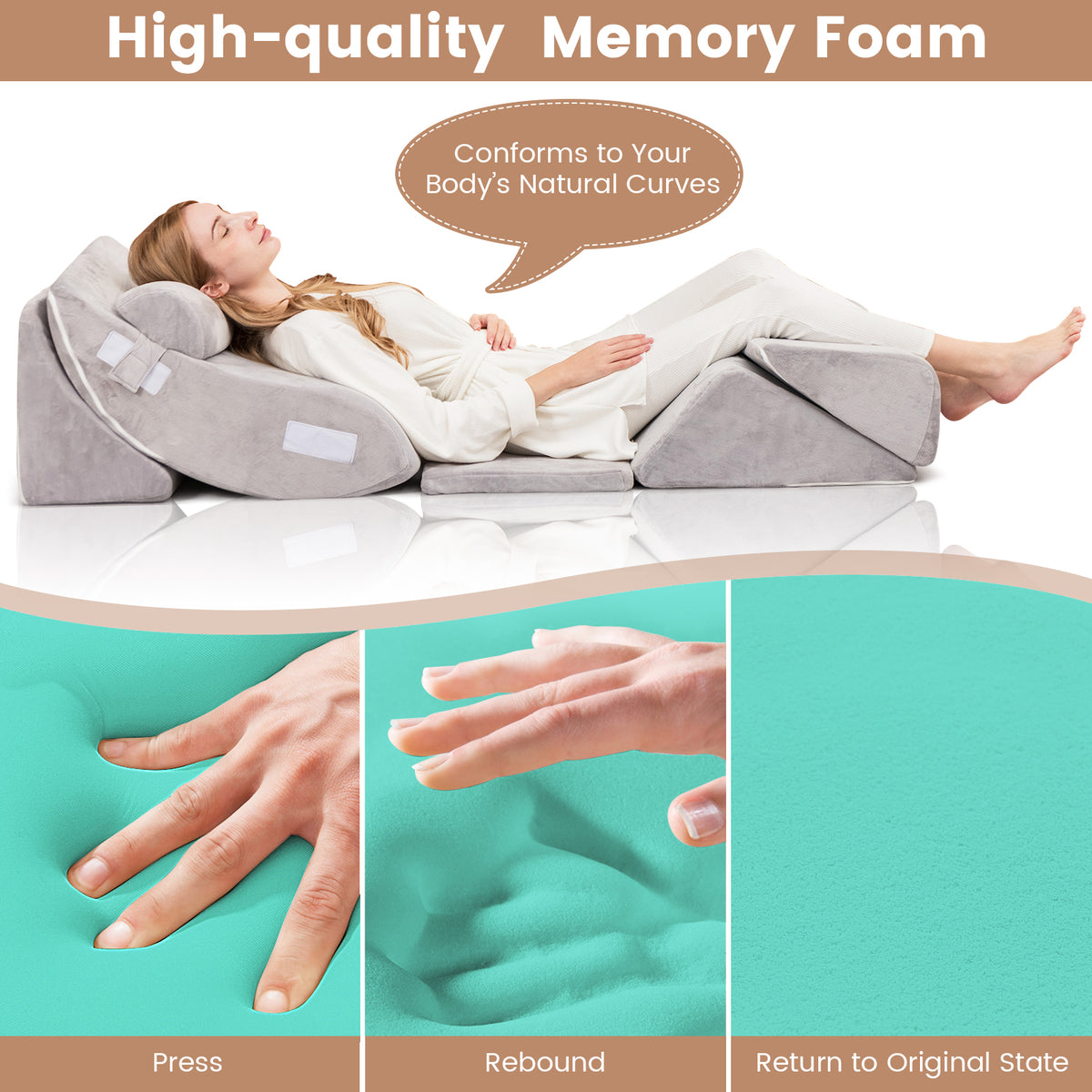 6 Pieces Folding Memory Foam Bed Wedge Pillows Set with Headrest-Grey