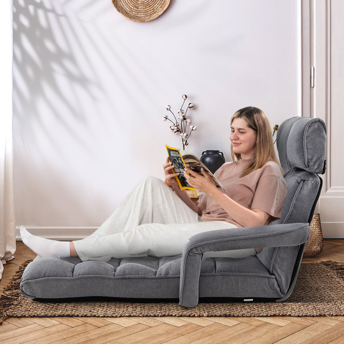 Folding Sofa Bed with 6 Adjustable Positions and 8-Angle Footrest-Grey