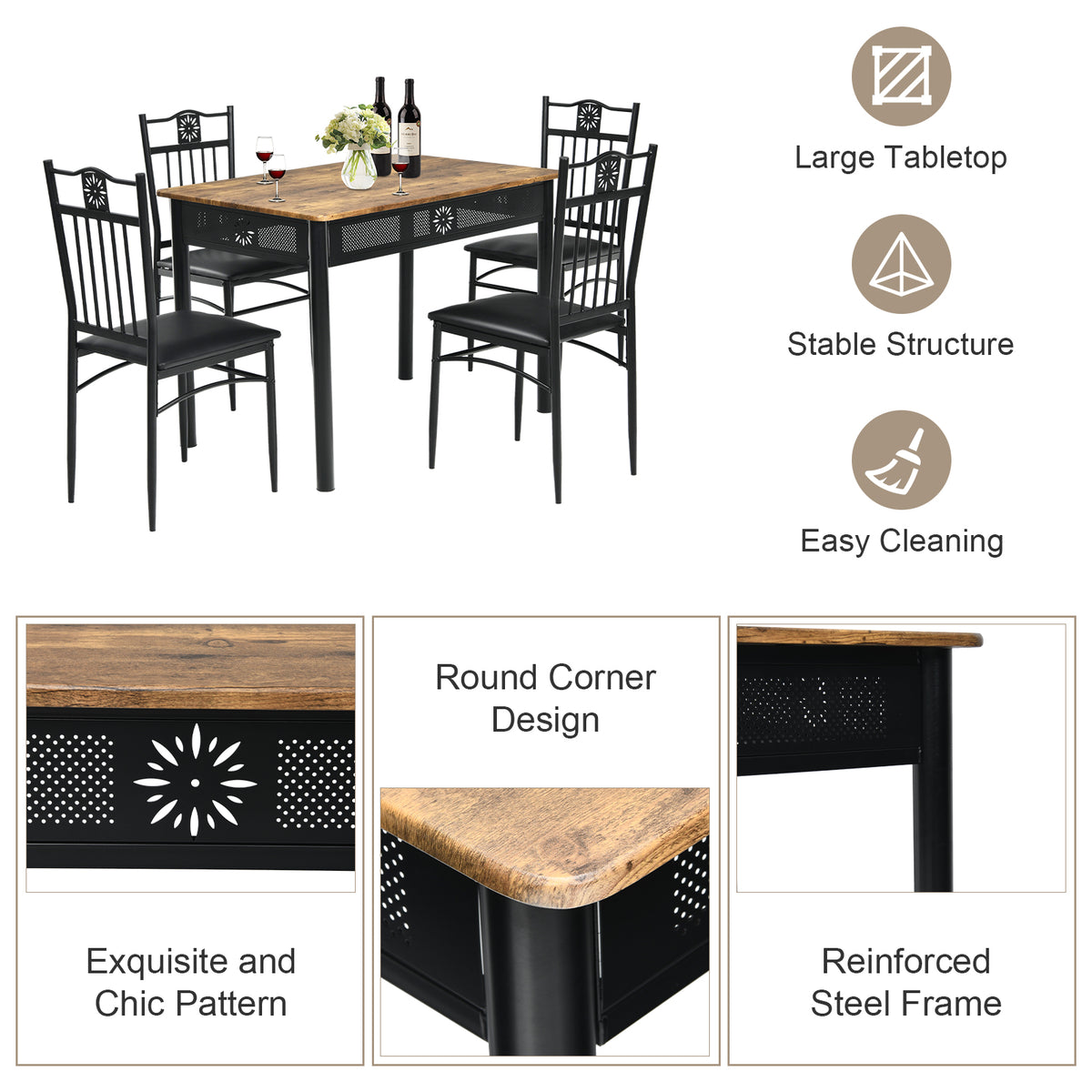 5 Pieces Kitchen Dining Table and Chair Set with Sponge Cushion-Natural