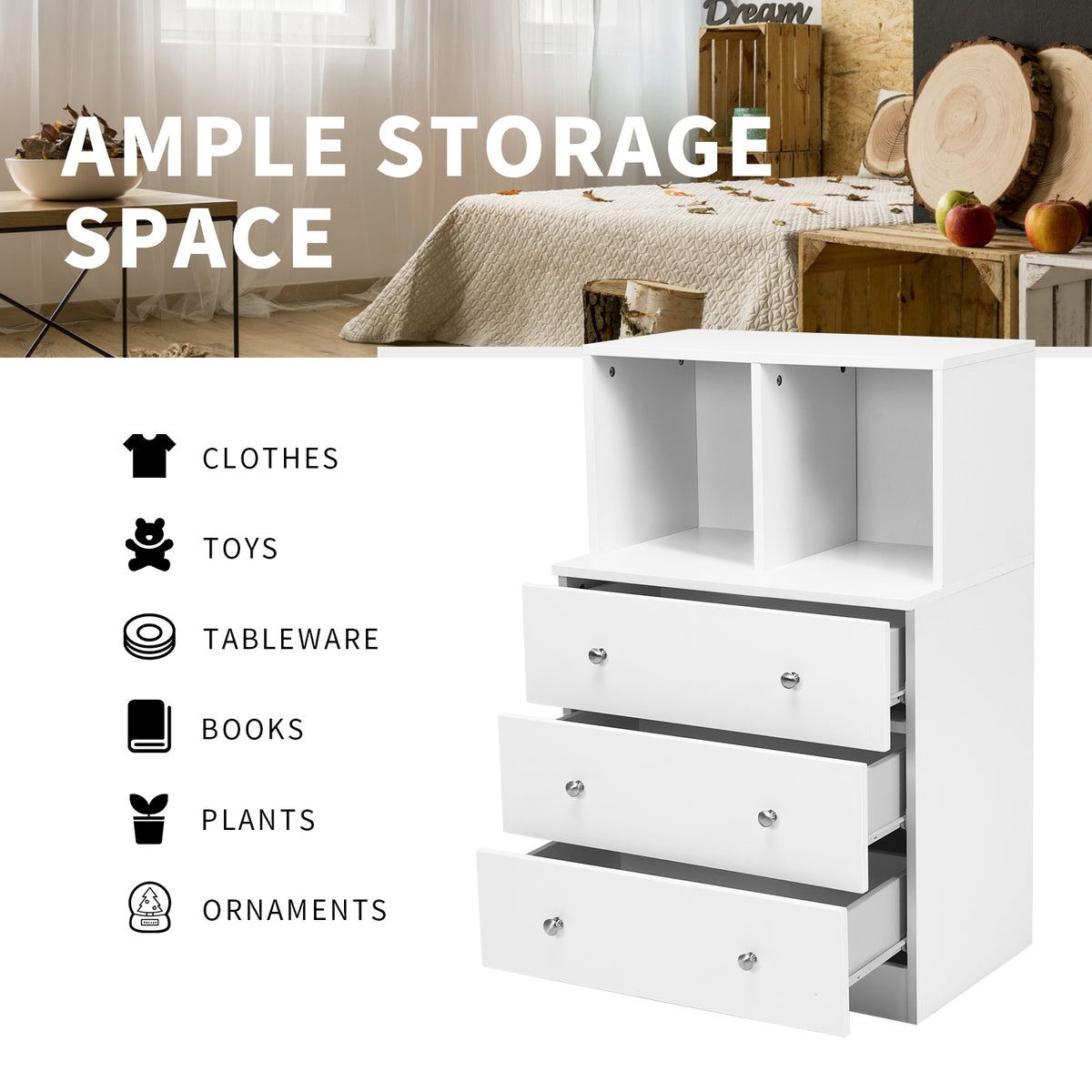 3-Drawer Dresser with 2 Open Compartments for Living Room Bedroom-White