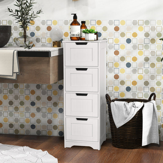 White freestanding bathroom cabinet with four drawers in a stylish bathroom setting