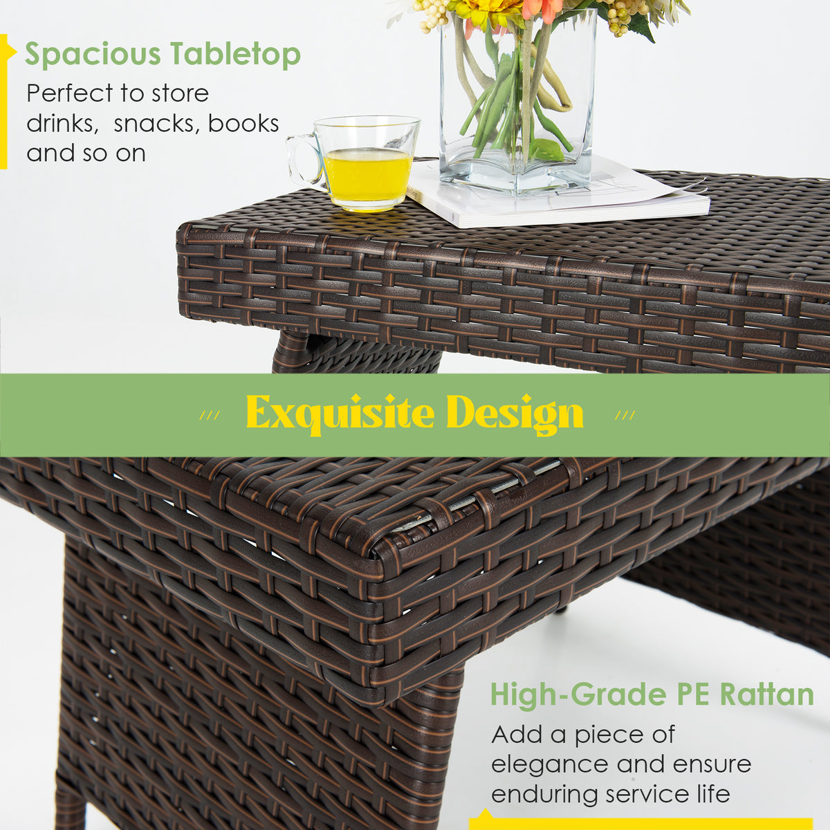 Patio Wicker Folding Coffee Table with Sturdy Steel Frame
