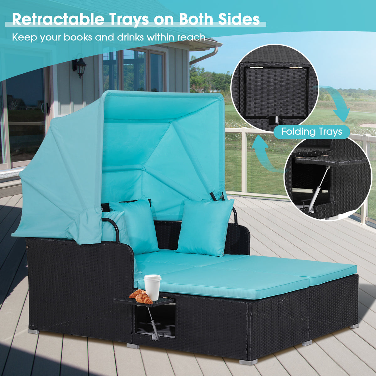 Garden Rattan Daybed with Retractable Canopy and Cushions-Turquoise