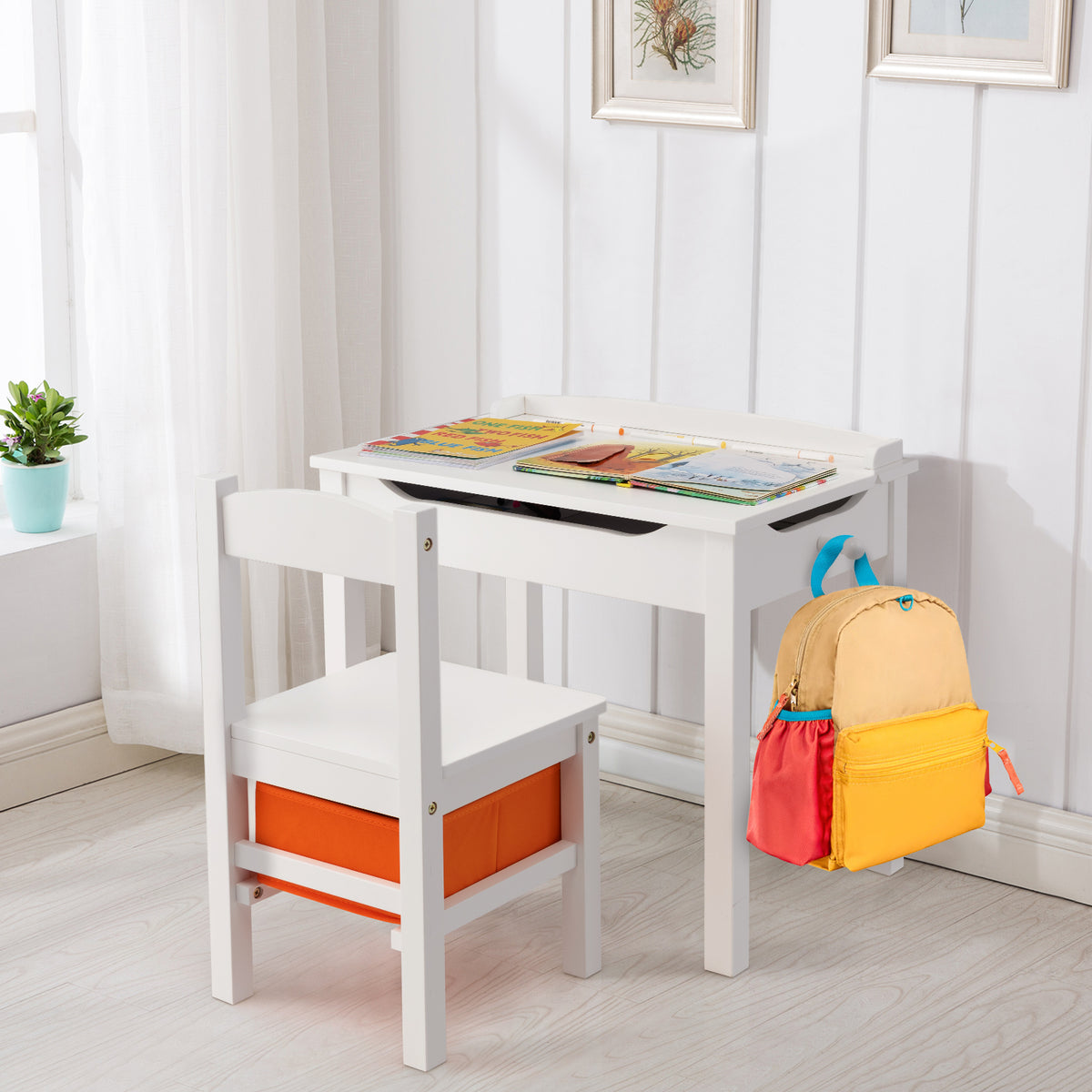 Kids Table and Chair Set with Hidden Space and Hook-White