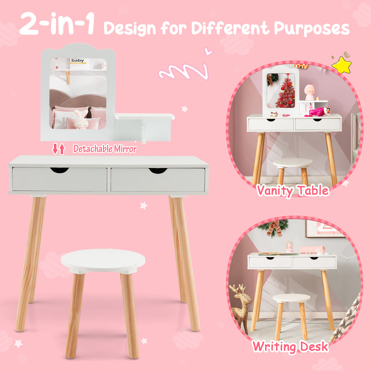Kids Vanity Table and Stool Set with Square Mirror and Storage Shelf-White
