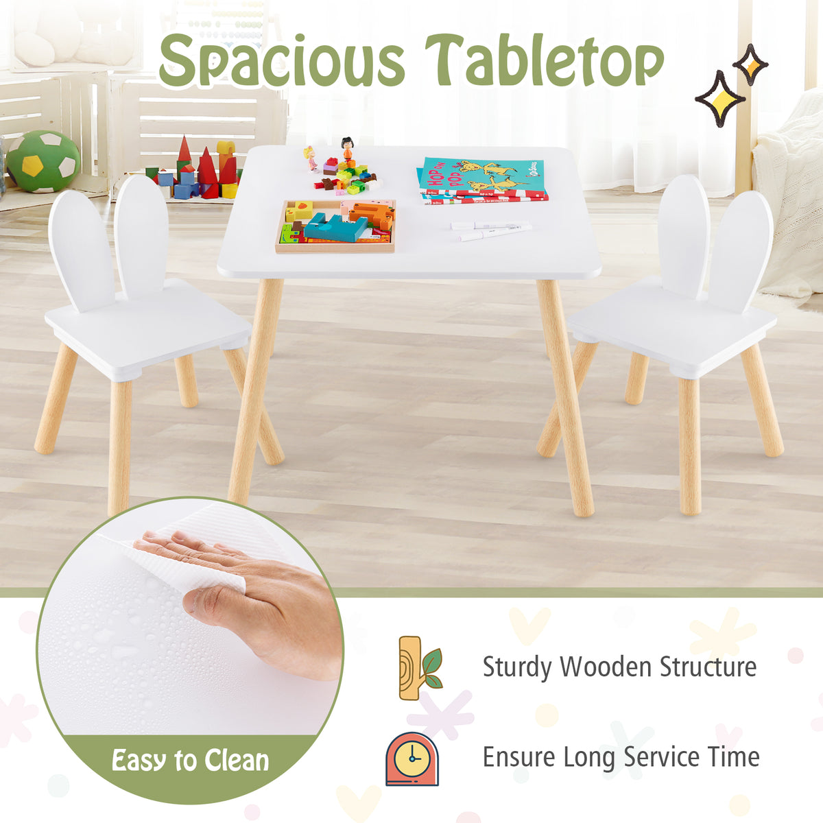 Kids Wooden Table and Rabbit Chairs Set with Space-Saving Structure-White