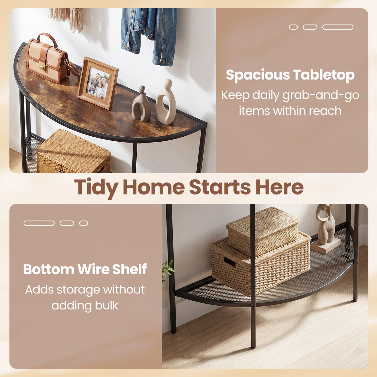 Half Moon Console Table 2-Tier Narrow Entryway Table with Storage Shelf-Rustic Brown