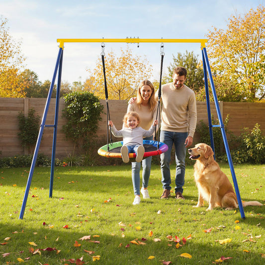 A family and their dog enjoying the large steel swing stand in a sunny garden