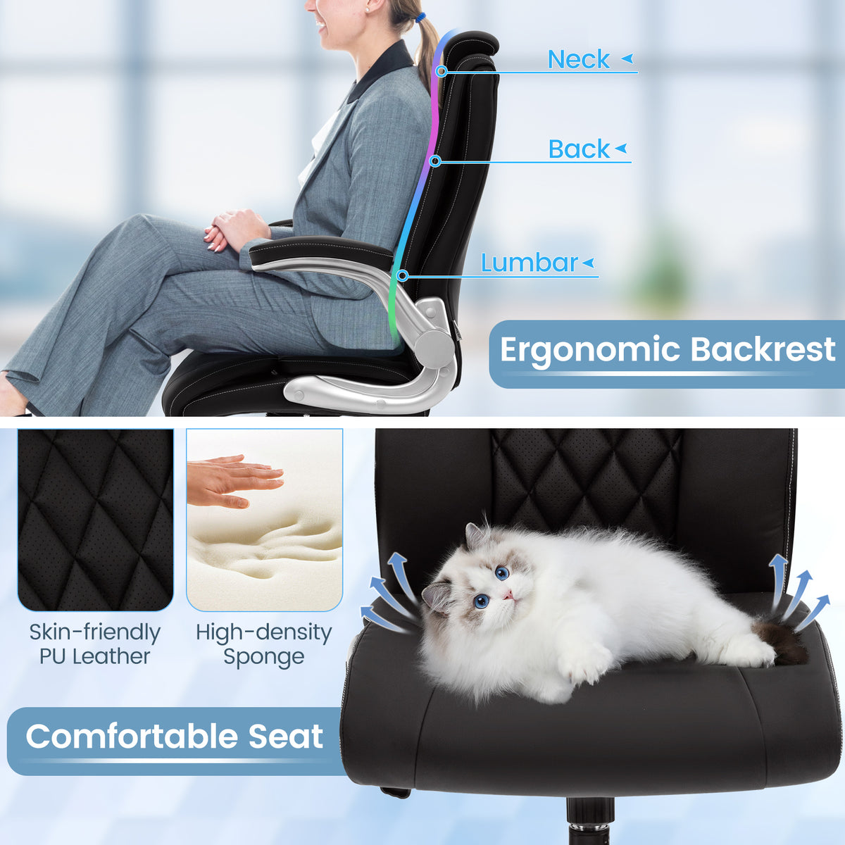 Height Adjustable PU Leather Office Chair with 6-level Headrest-Black