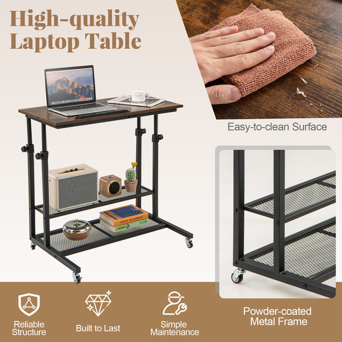 Mobile Stand up Height Adjustable Sit Stand Desk with Tilting Tabletop-Rustic Brown