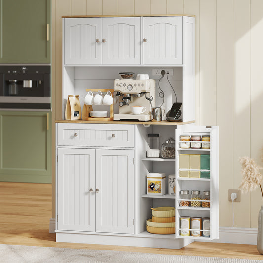 HOMCOM 173 cm Tall Kitchen Cupboard with Charging Station in White