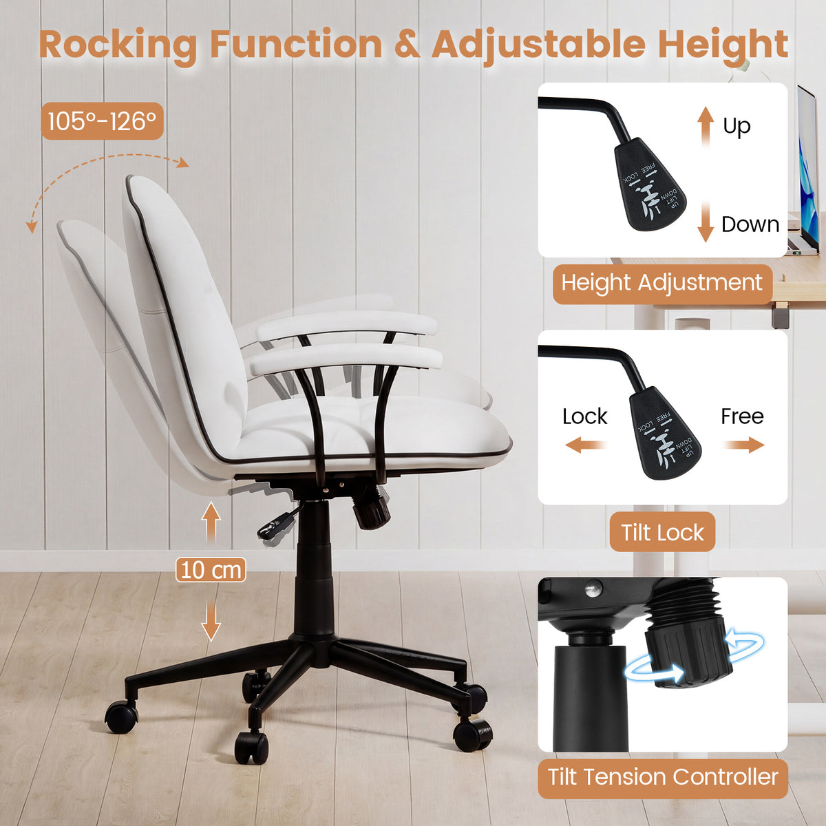 Home Office Desk Chair PU Leather Makeup Vanity Chair with Adjustable Height and Rocking Function-White