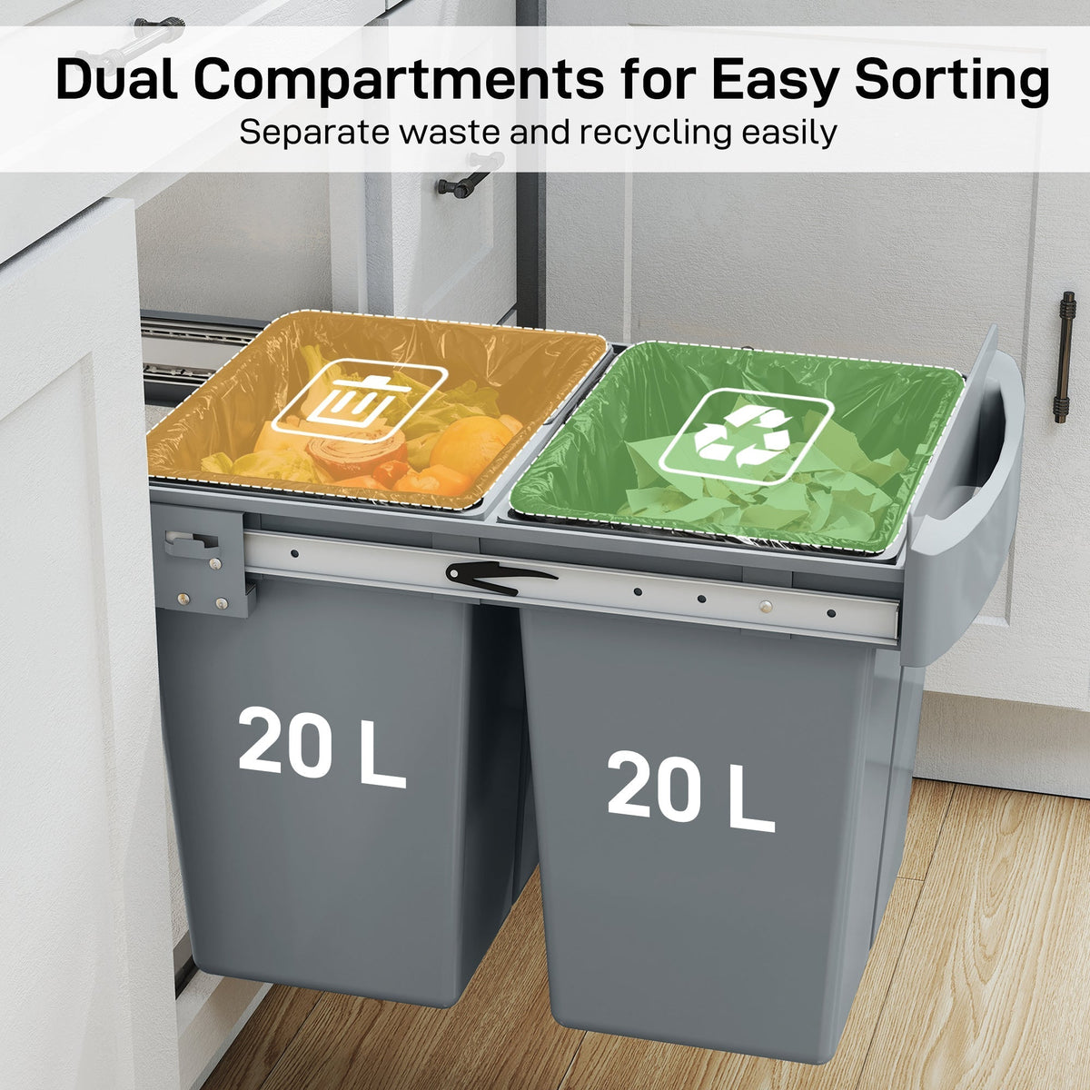 HOMCOM Pull Out Bin, Kitchen Under Sink Bin with 2 Removable Compartments, Smooth Glide, Grey