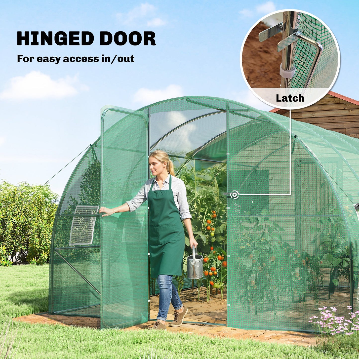 Outsunny 3 x 4 m Walk-in Polytunnel Greenhouse with Hinged Door and 8 Roll Up Mesh Windows, Garden Tunnel Warm House Tent, Green