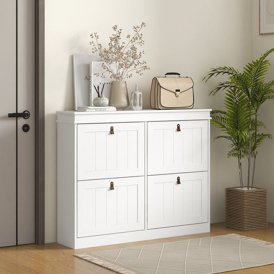 HOMCOM Slim Shoe Cabinet, Shoe Cabinet with 4 Drop-Down Drawers, 105W x 24D x 82.5H cm, White