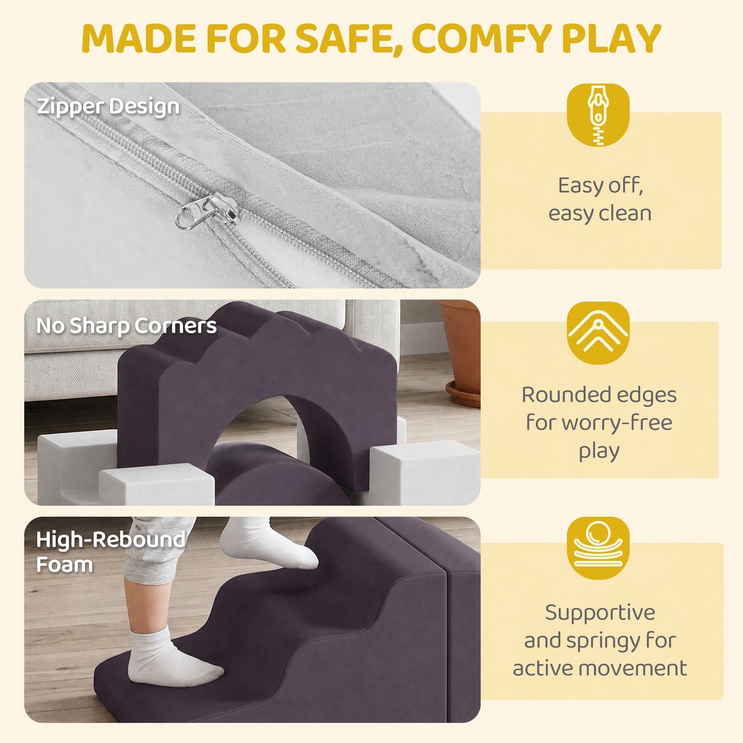 AIYAPLAY 7 Piece Kids Soft Play Set with Detachable Cover, Baby Indoor Climb and Crawl Foam Toys for Toddlers, Brown