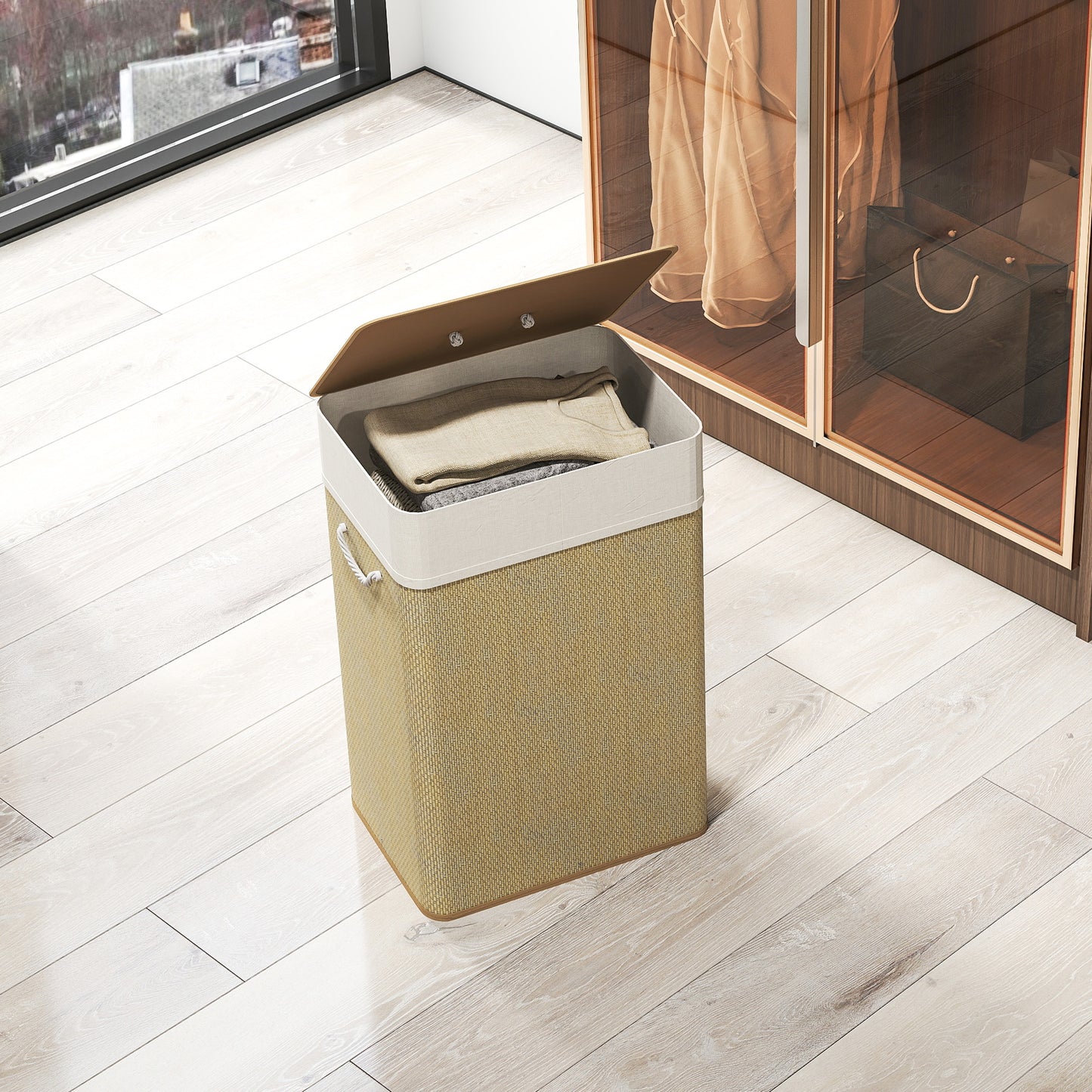 HOMCOM Bamboo Laundry Basket with Lid, 72L Laundry Hamper with Rope Handles, Washing Basket with Removable Washable Liner Bag for Bathroom, Bedroom, Nature Wood Finish
