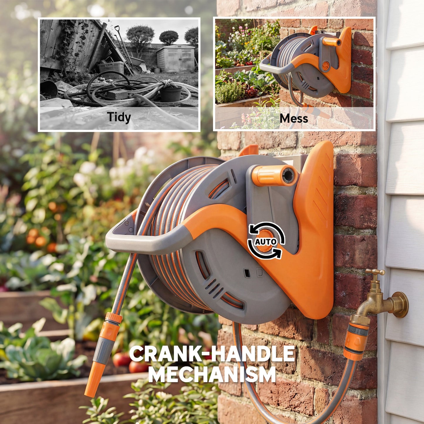 Outsunny Portable Garden Hose Reel, 20+2 m Wall Mounted Hose Reel with 2 Patterns Spray Nozzle and Crank Handle, Orange
