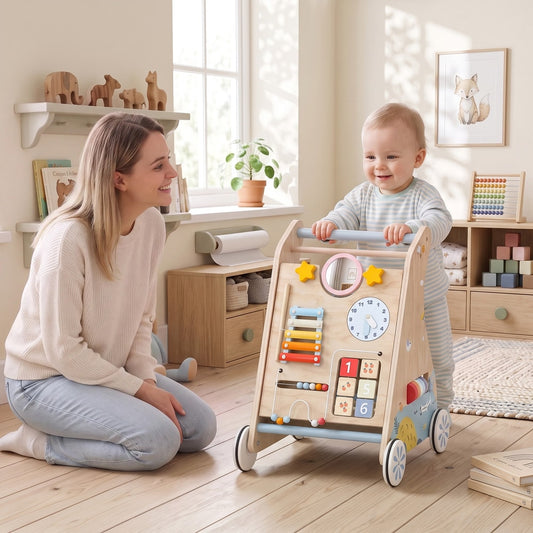 AIYAPLAY Wooden Baby Walker with Detachable Double-Sided Activity Board in a Natural Wood Finish