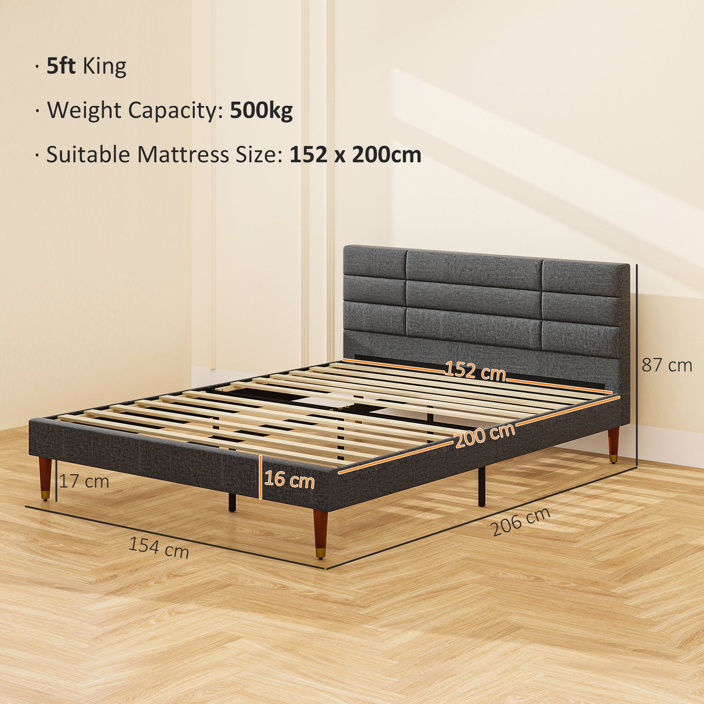 HOMCOM Upholstered King Bed Frame, with Slats - Grey