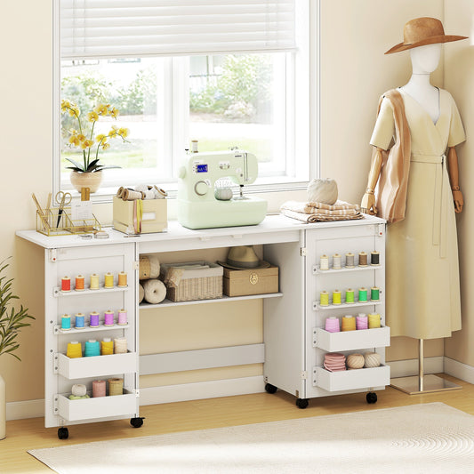 HOMCOM Folding Sewing Table with 2 Magnetic Doors, Storage Shelf, Lockable Wheels, Space Saving, White