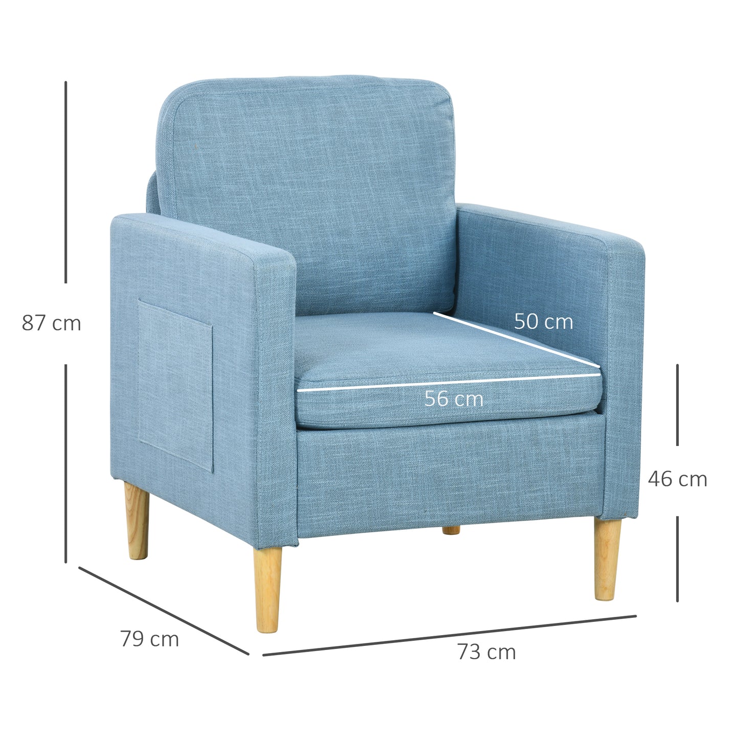 HOMCOM Modern Accent Chair, Comfy Fireside Chair, Upholstered Armchair for Living Room, Bedroom, Home Office, Blue