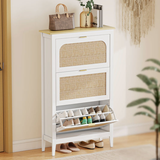 HOMCOM Narrow Shoe Cabinet, Boho Slim Shoe Storage Cabinet with 3 Flip Drawers, Holds 21 Pairs, White