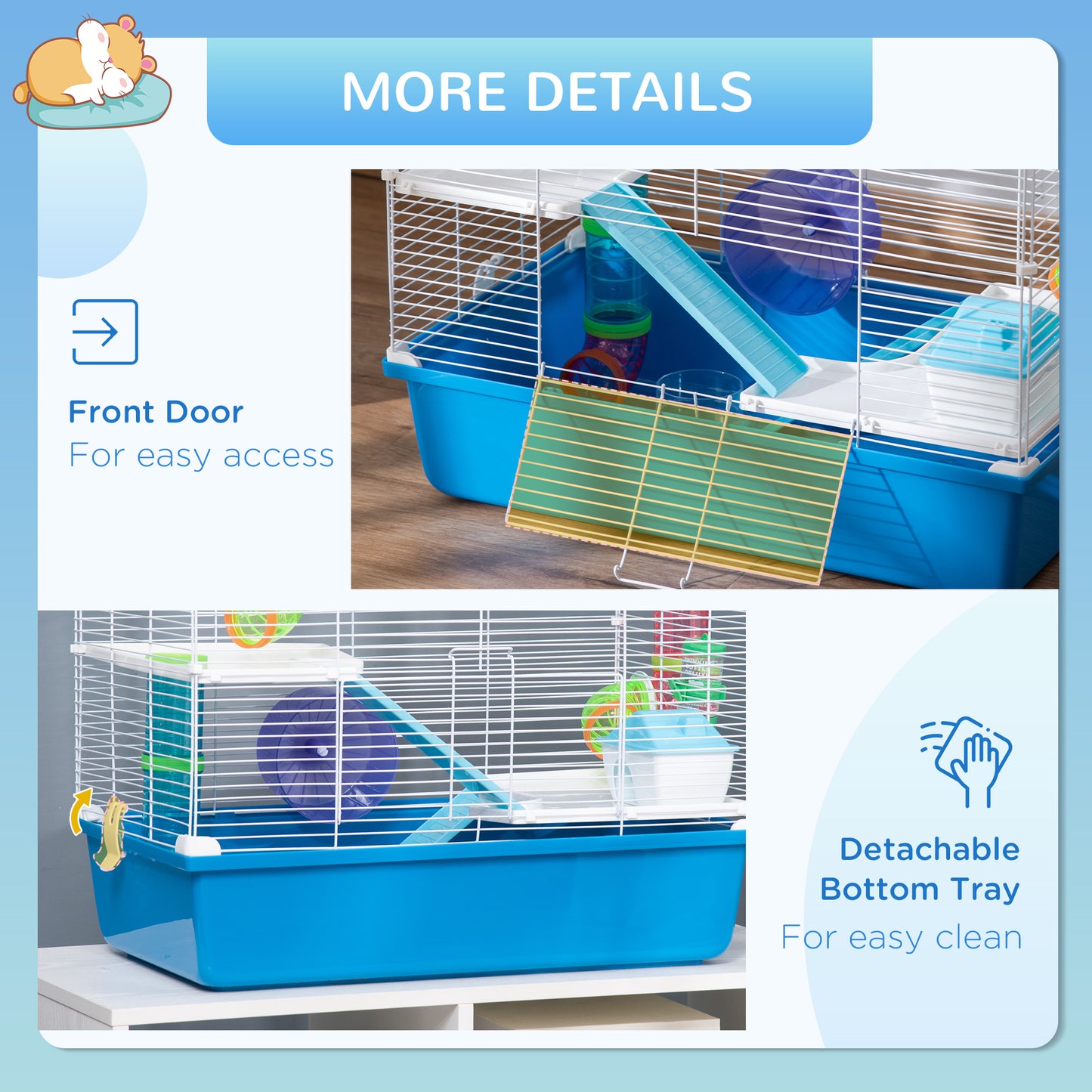 PawHut Hamster Cage, Gerbil Cage 3 Tier for Dwarf Hamster with Tube, Exercise Wheel, Water Bottle, Food Dish 59 x 36 x 47 cm- Blue