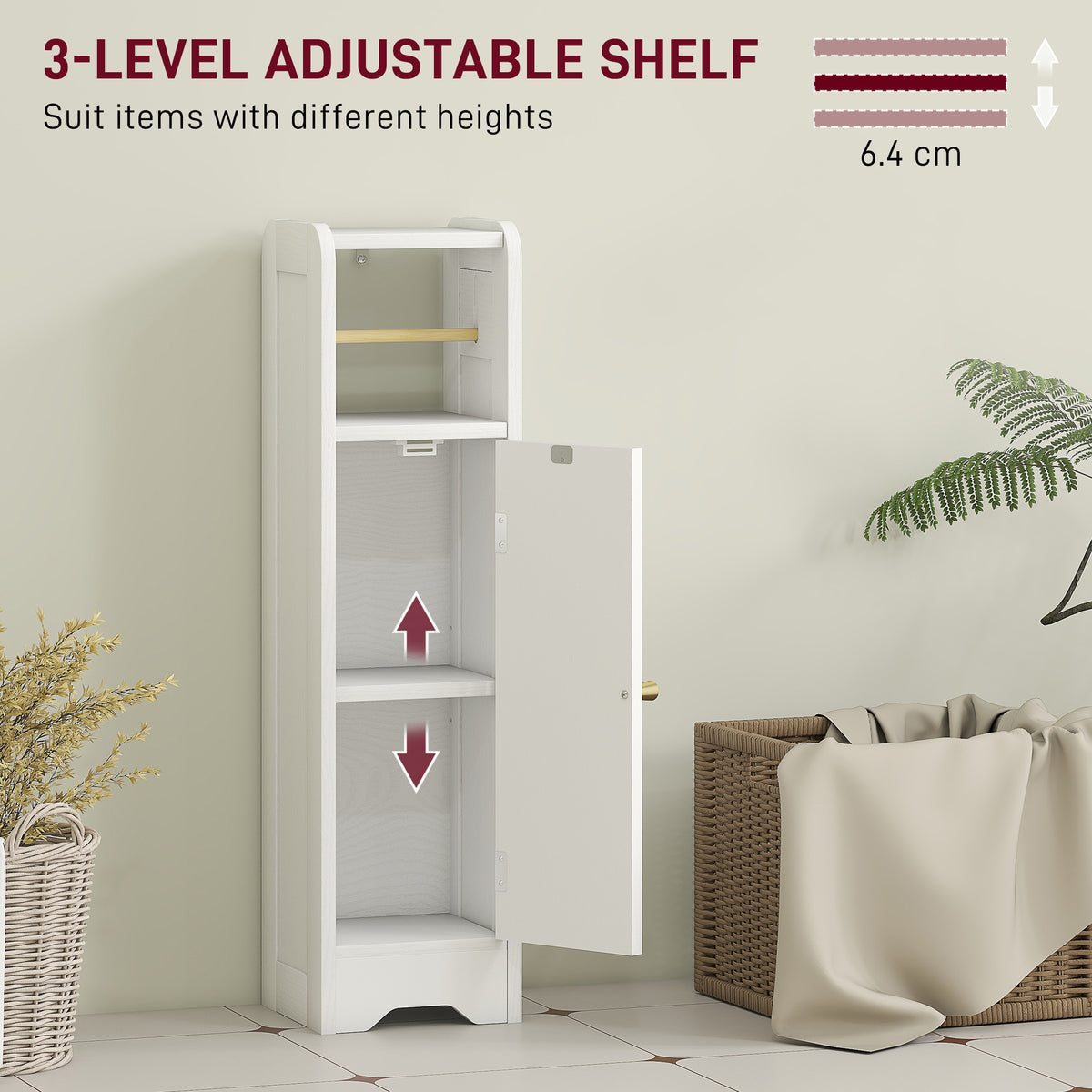 HOMCOM Small Bathroom Storage Cabinet with Toilet Roll Holder in White