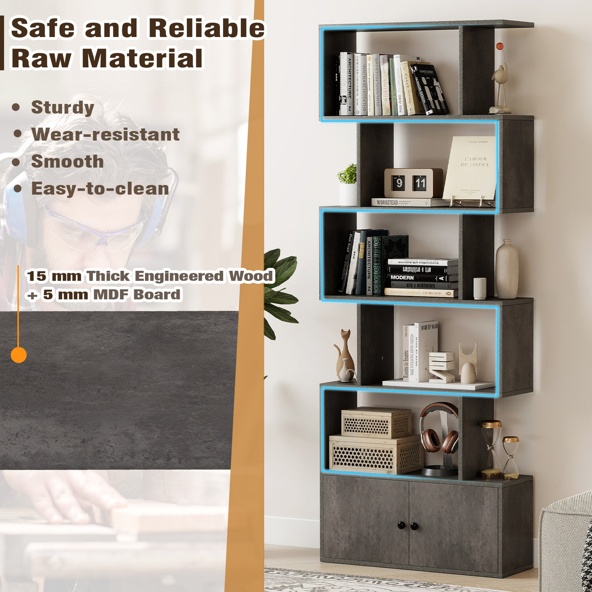 Industrial S-Shaped 5-tier Bookcase with Cabinet-Grey