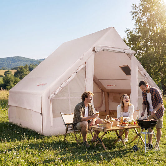 Inflatable Camping Tent with Stove Jack 4 Season Blow Up Tent with Pump-Beige
