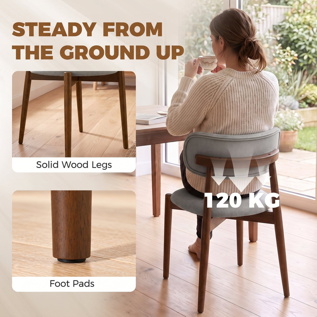 HOMCOM Dining Chairs Chenille Upholstered Kitchen Chairs Curved Backrest Rubberwood Legs Grey