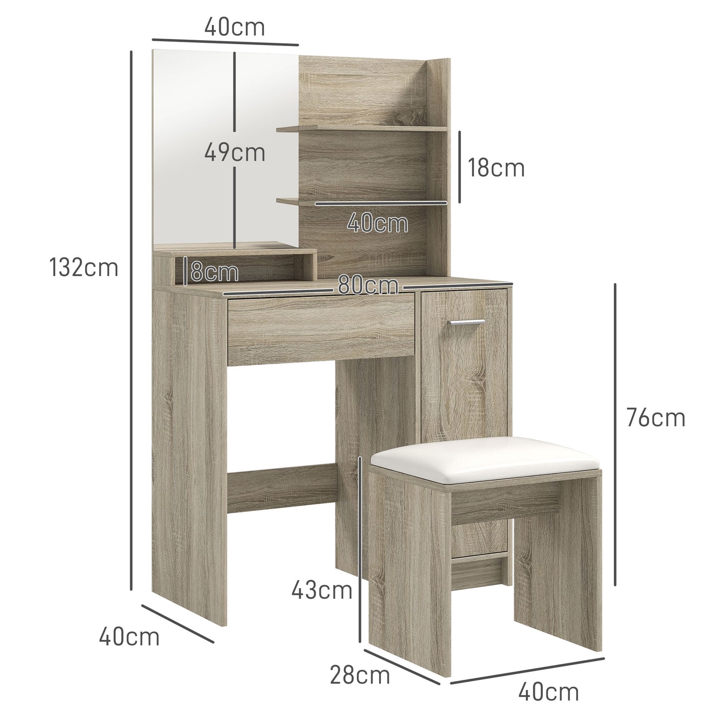 HOMCOM Dressing Table and Stool Set, with Storage - Wood-Effect