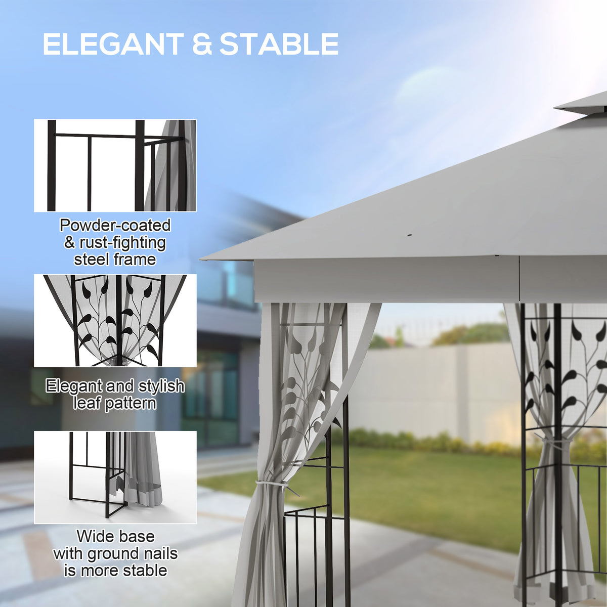 Outsunny Steel Frame Double Roof Garden Gazebo in Light Grey