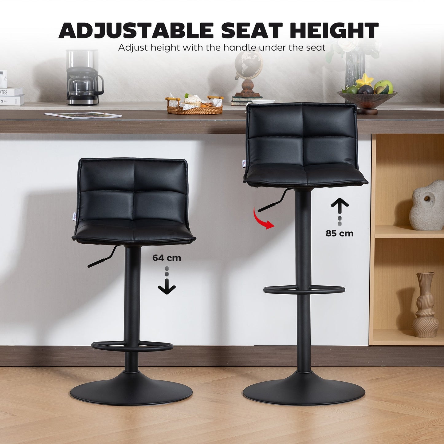 HOMCOM Set of Two Modern Faux Leather Bar Stools - Black