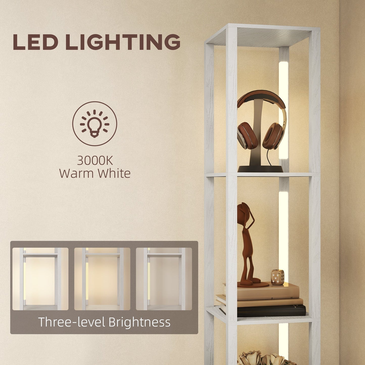مصباح أرضي من HOMCOM مع أرفف، مصباح عمود LED عصري قائم بذاته مع درج قماشي، سطوع قابل للتعديل، مفتاح قدم لغرفة المعيشة وغرفة النوم والمكتب، أبيض