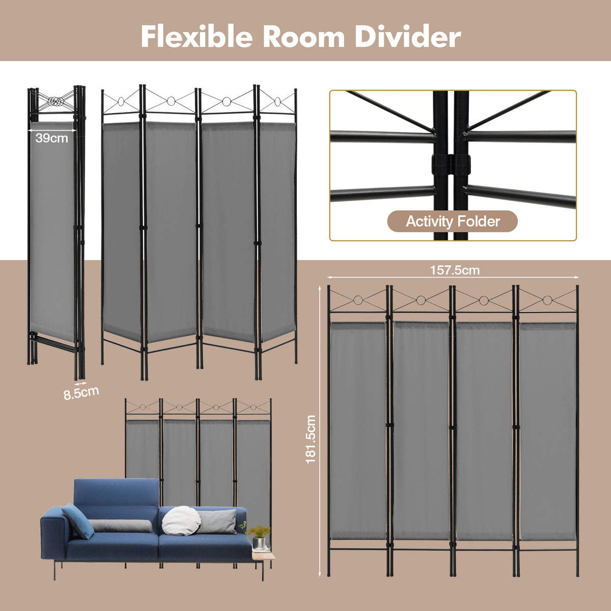 6 Feet 4-Panel Light Weight Room Divider with Polyester Cloth-Grey