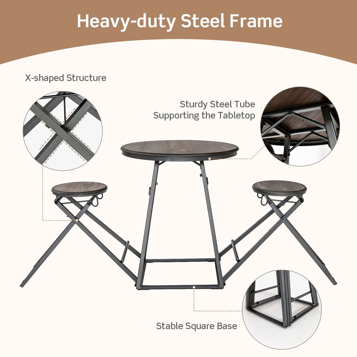 3-Piece Round Table and Stool Set with 2 Foldable Stools-Grey