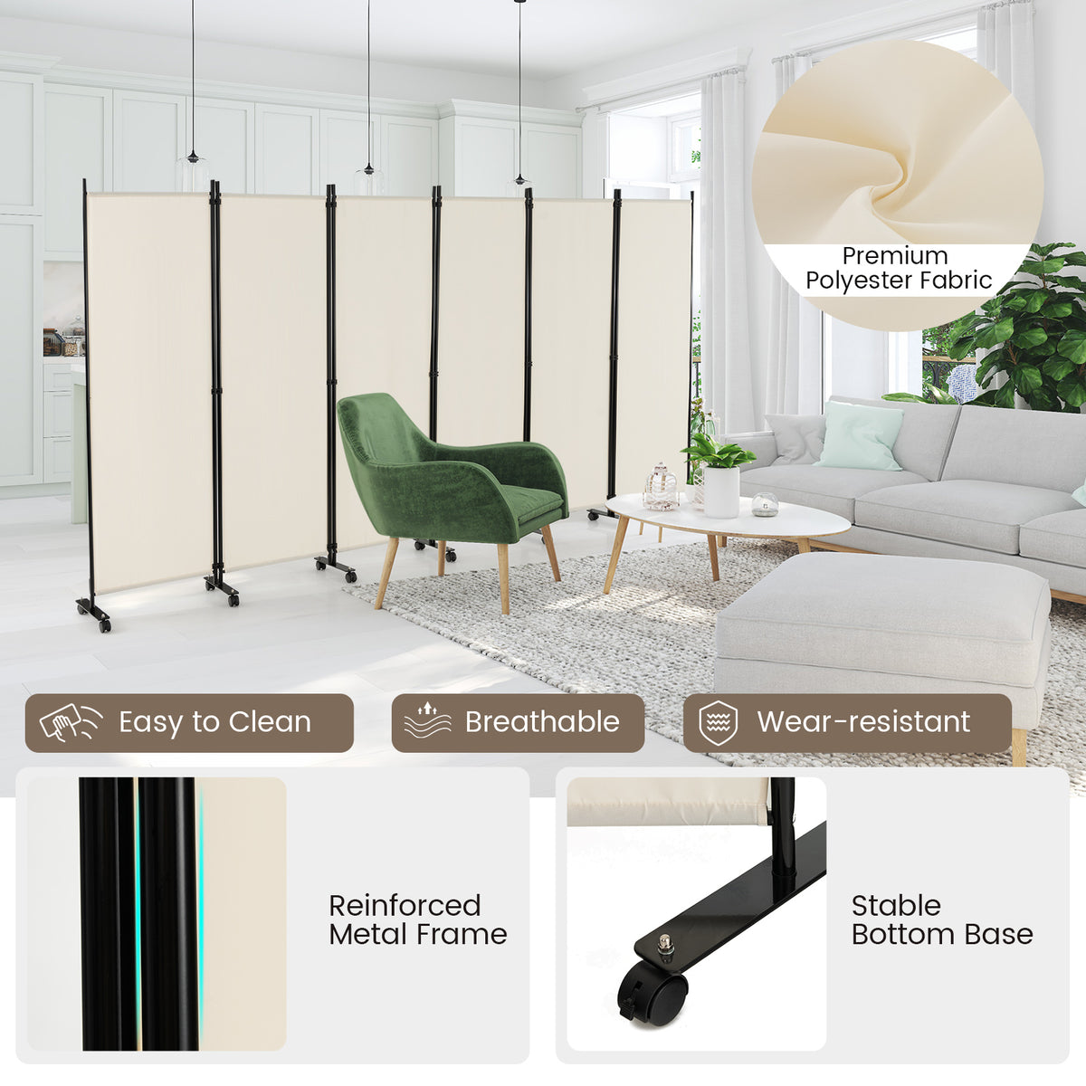 6 Panel Room Divider on Wheels-White