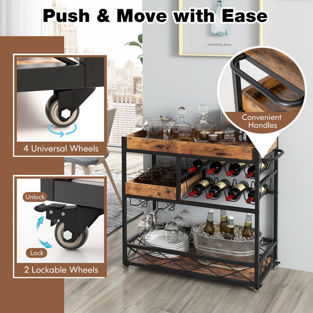 Home Bar Serving Car with Removable Tray-Rustic Brown