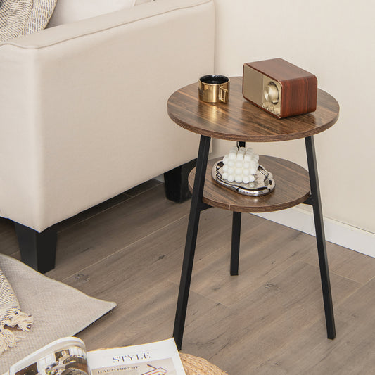 Small round wooden side table with storage shelf, styled with a vintage radio and decorative tray