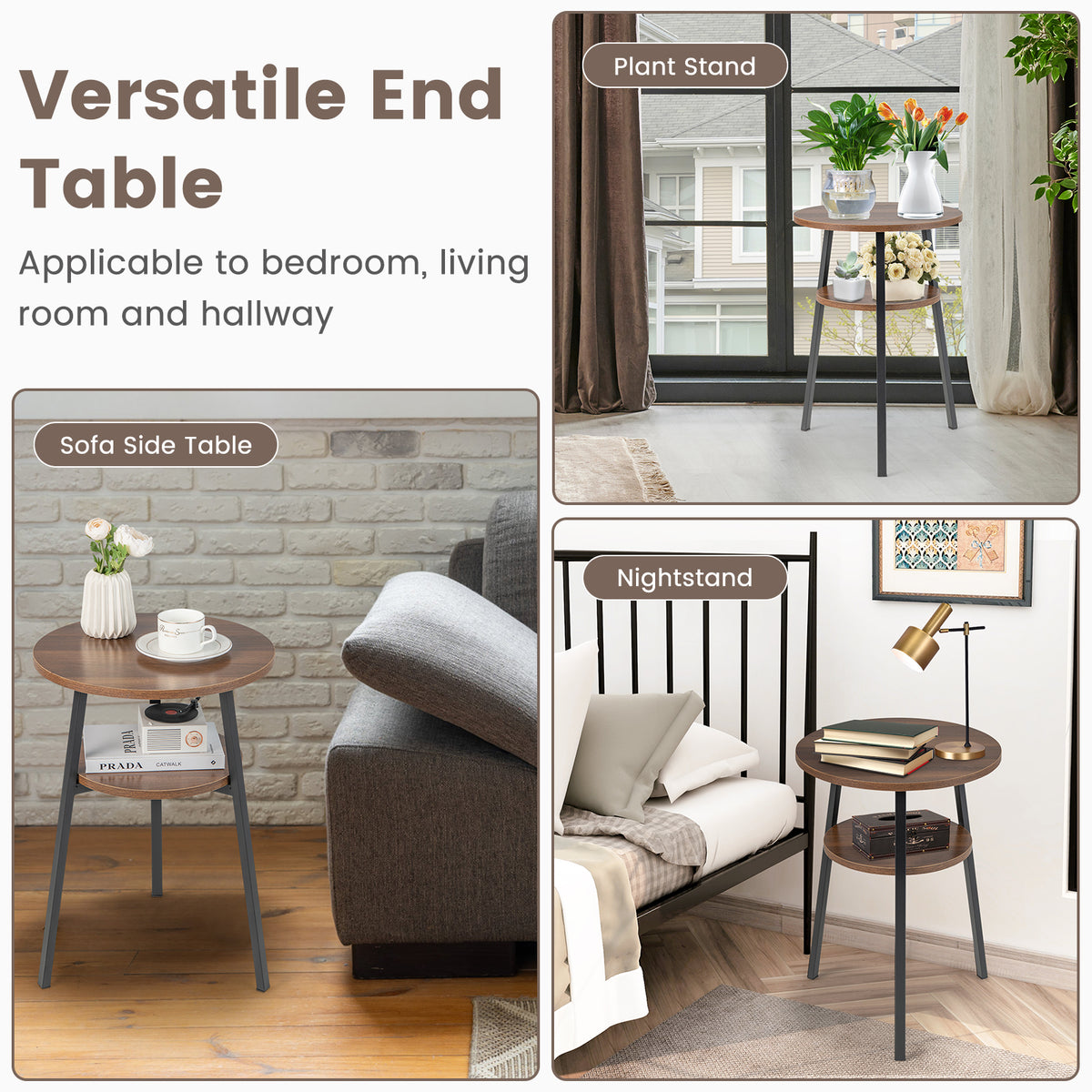 2-Tier Wooden Round Side Table with Storage Shelf-Walnut