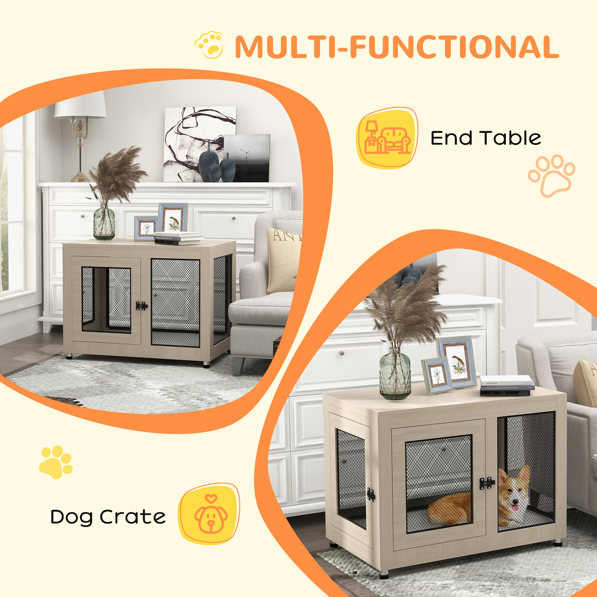 PawHut 2-in-1 Dog Cage & Side Table in Oak