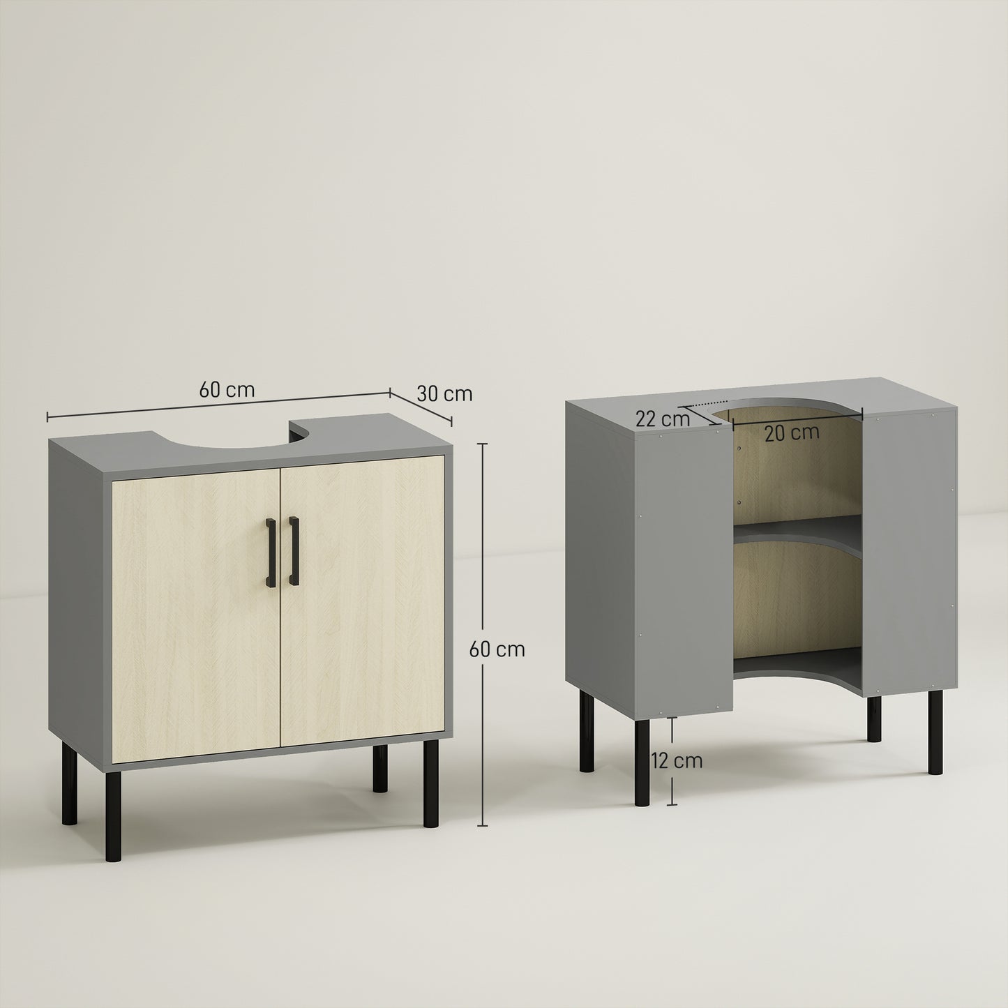 kleankin Under Sink Cabinet, Bathroom Vanity Unit, Storage Cupboard with Double Doors and Storage Shelves, 60x30x60cm, Natural