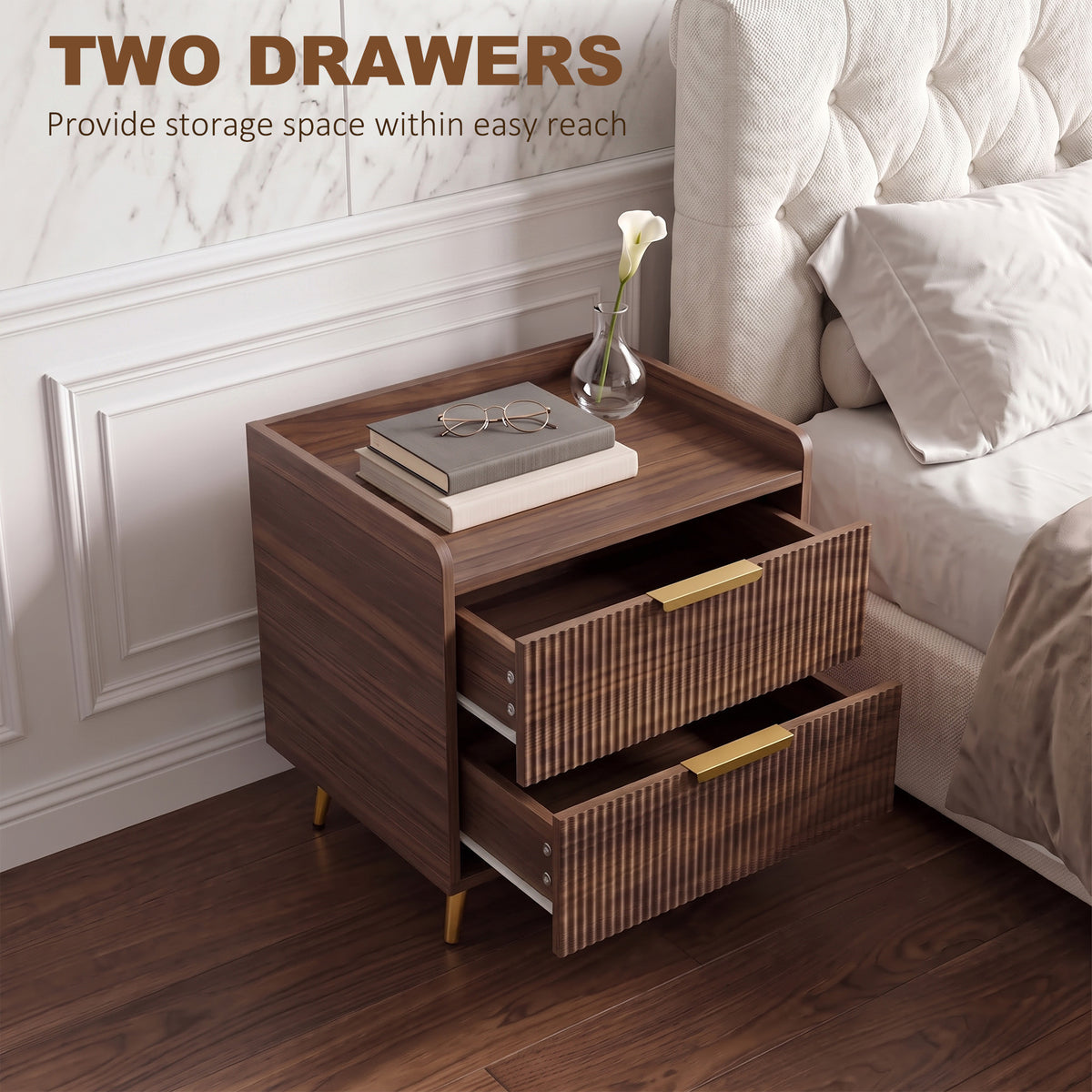 HOMCOM Elegant Two-Drawer Bedside Table in Walnut Brown