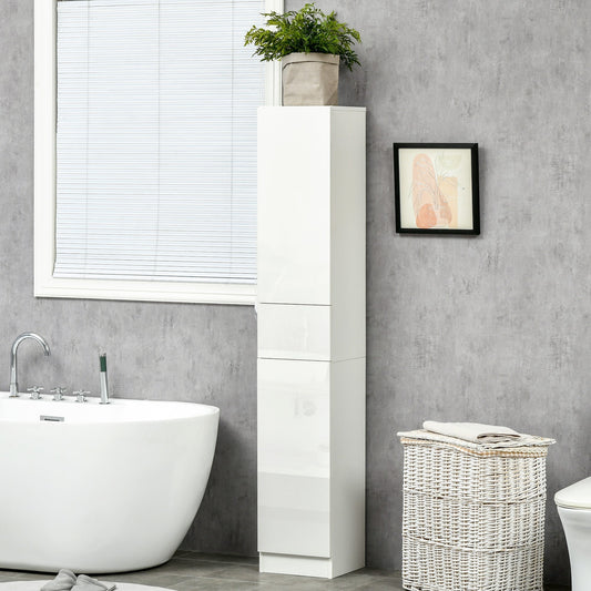 kleankin Luxury Tall Bathroom Cabinet with High Gloss Panel, Sleek White Bathroom Cabinet with Push-to-Open Door, White